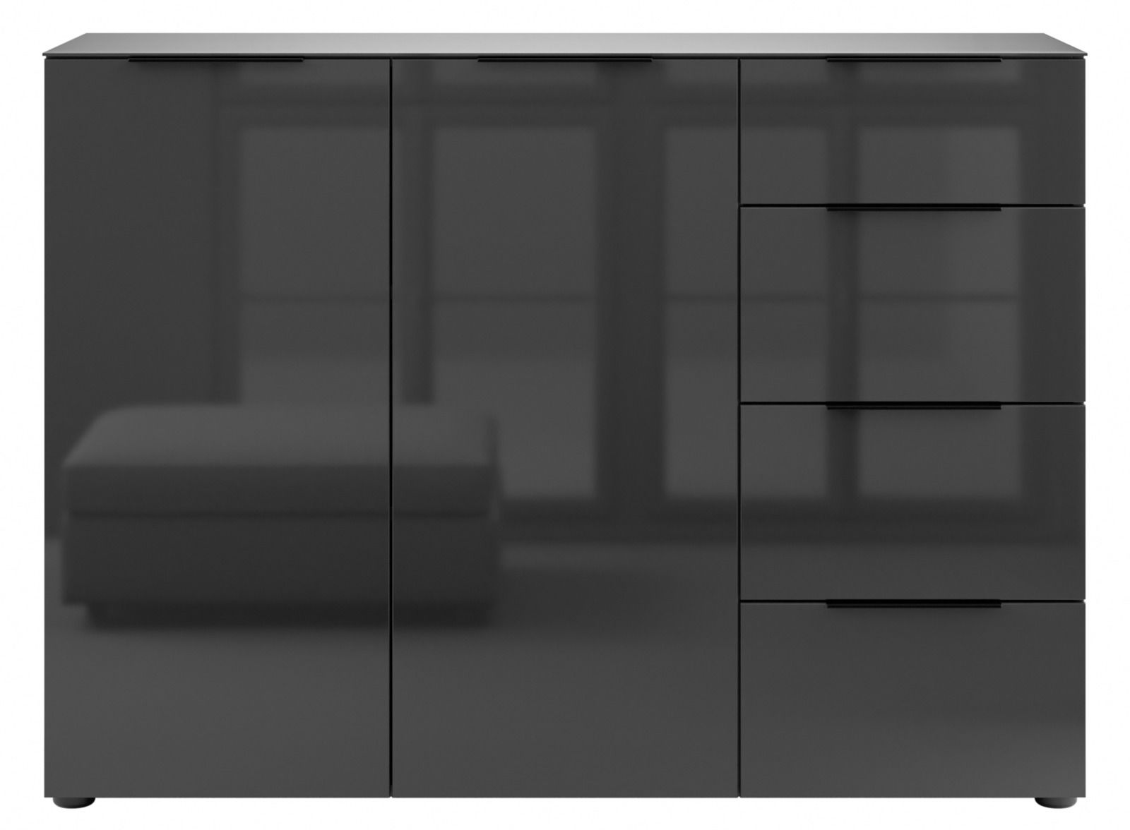 Modernes schwarzes Sideboard mit Hochglanzoberfläche, Frontalansicht