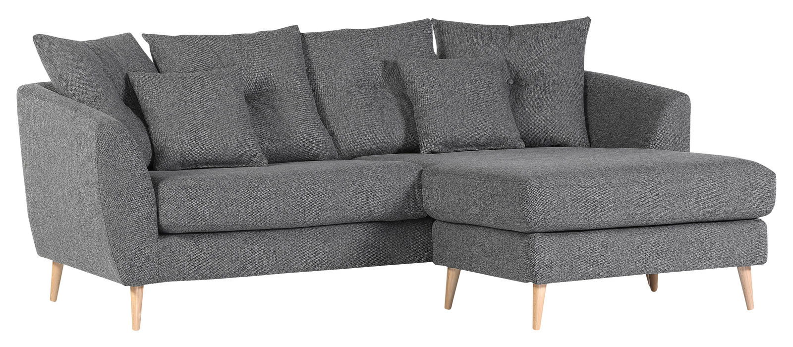 Graues Ecksofa mit Holzfüßen, Ansicht von vorne rechts