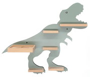 Dinosaurierförmiges Wandregal in Salbeigrün mit mehreren hellen Holzablagen und kleiner Holzbox, freigestellt vor weißem Hintergrund, Ansicht von vorne/seitlich (Profil).