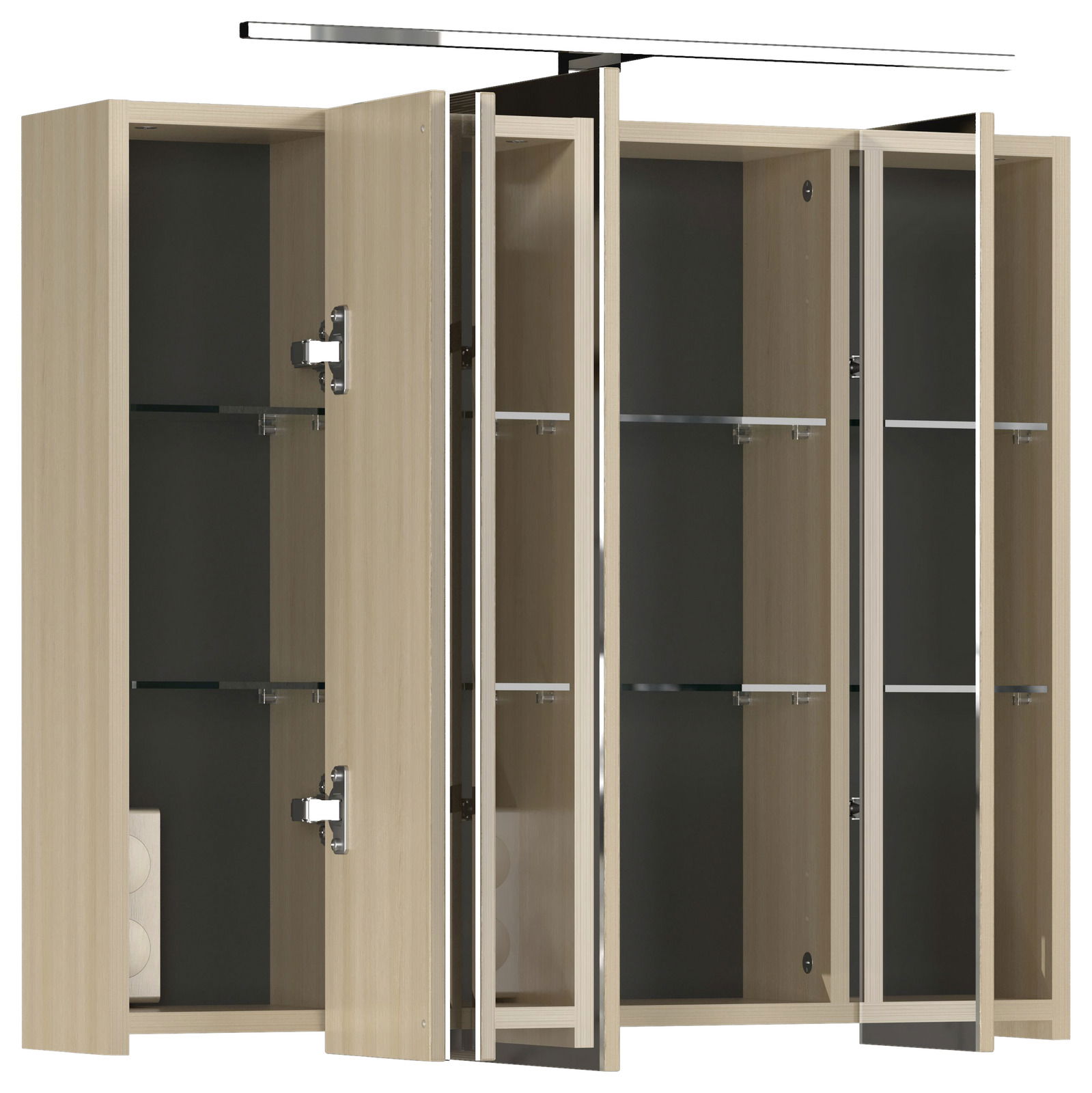 XORA Spiegelschrank LAVEGA Moderner Spiegelschrank mit drei offenen Türen, Holzoptik, Glasböden und integrierter Beleuchtung, seitliche Perspektive.