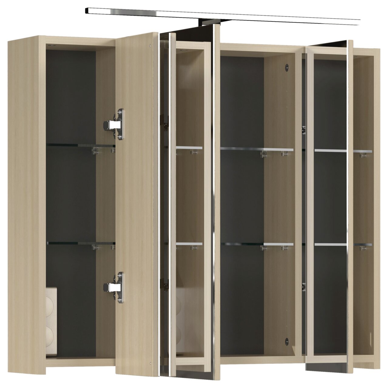 Moderne spiegelkast met drie open deuren, houtlook, glazen planken en ingebouwde verlichting, zijaanzicht.