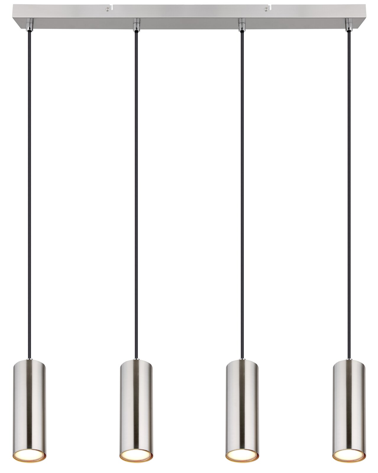 Moderne Hängeleuchte mit vier zylindrischen Lampenschirmen aus Metall, von vorne betrachtet.