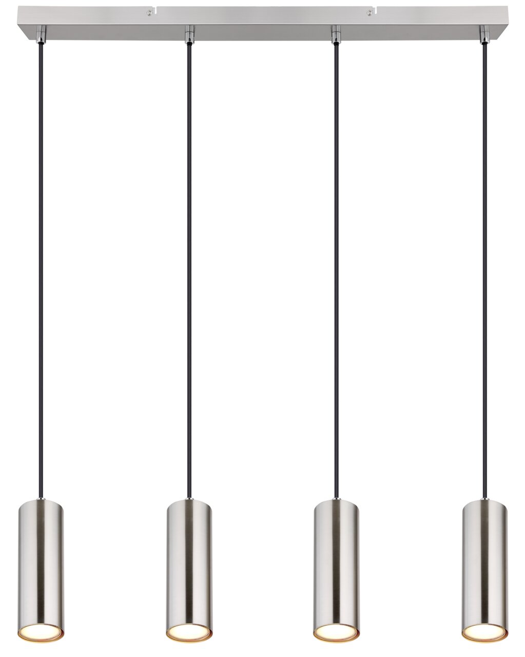 Moderne Hängeleuchte mit vier zylindrischen Lampenschirmen aus Metall, von vorne betrachtet.