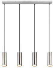 Moderne Hängeleuchte mit vier zylindrischen Lampenschirmen aus Metall, von vorne betrachtet.