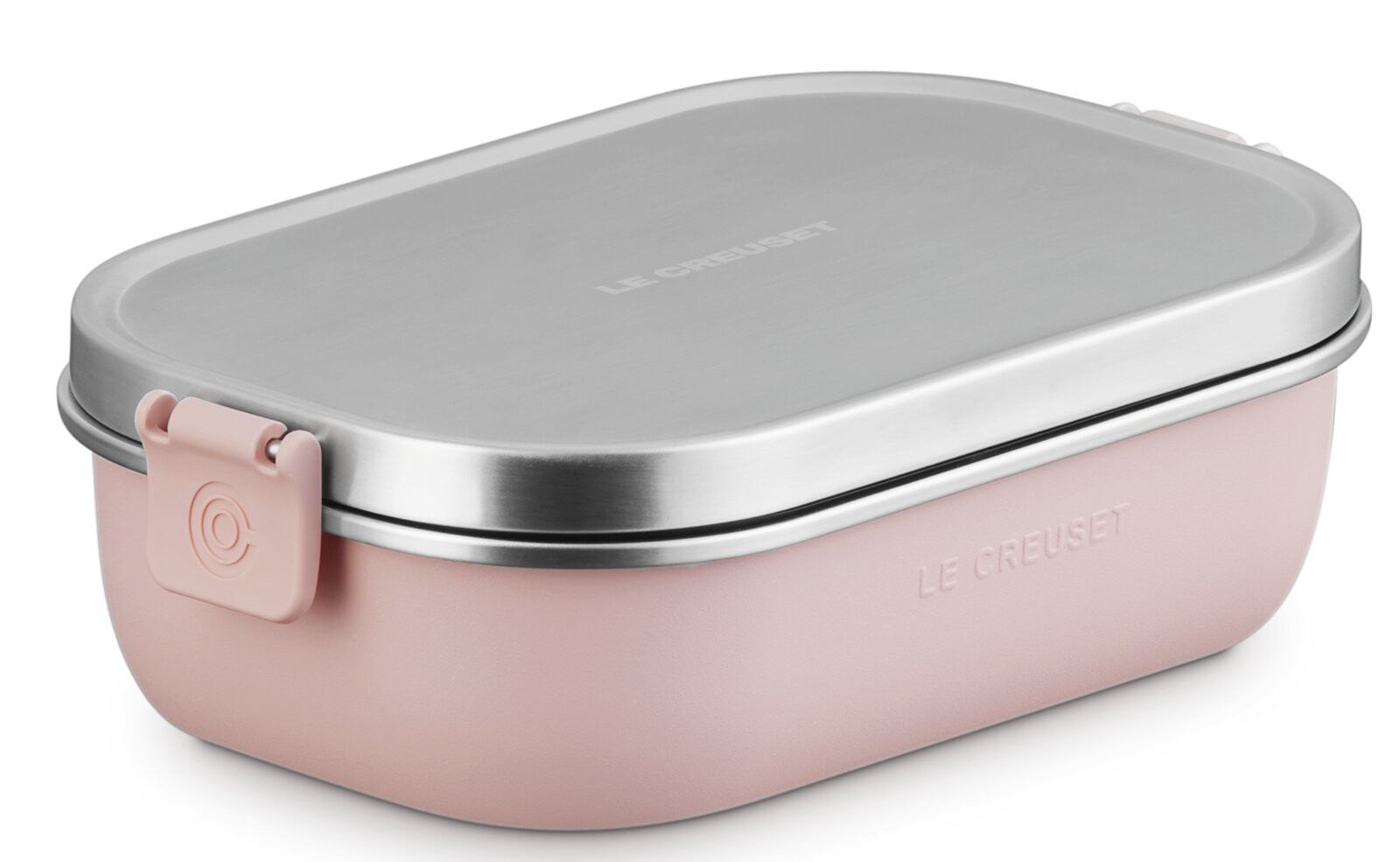 LE CREUSET Lunchbox Shell Pink ON THE GO Lunchbox 900ml in Shell Pink mit Edelstahl-Deckel, seitliche Perspektive