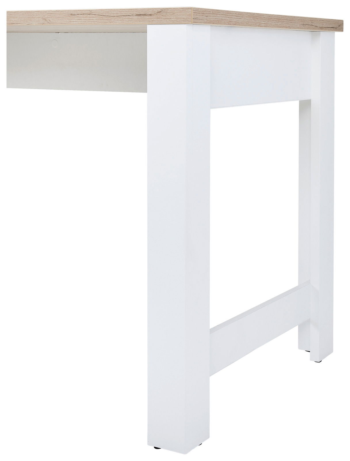 Moderner Schreibtisch mit weißem Gestell und heller Holzplatte, seitliche Perspektive