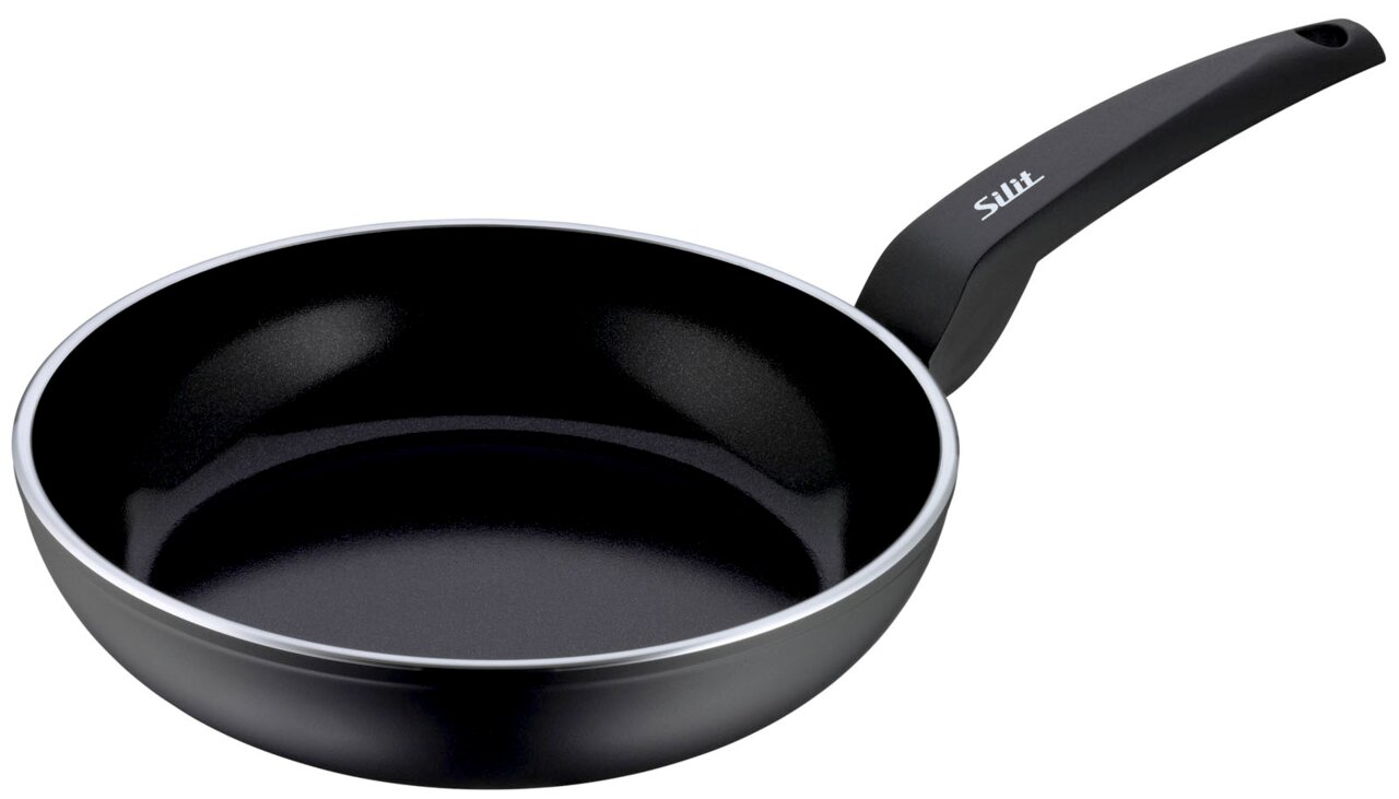 Schwarze Stielpfanne 24cm mit Antihaftbeschichtung, seitliche Perspektive