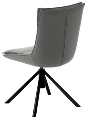 Moderner grauer Stuhl mit schwarzem Metallgestell, seitliche Rückansicht