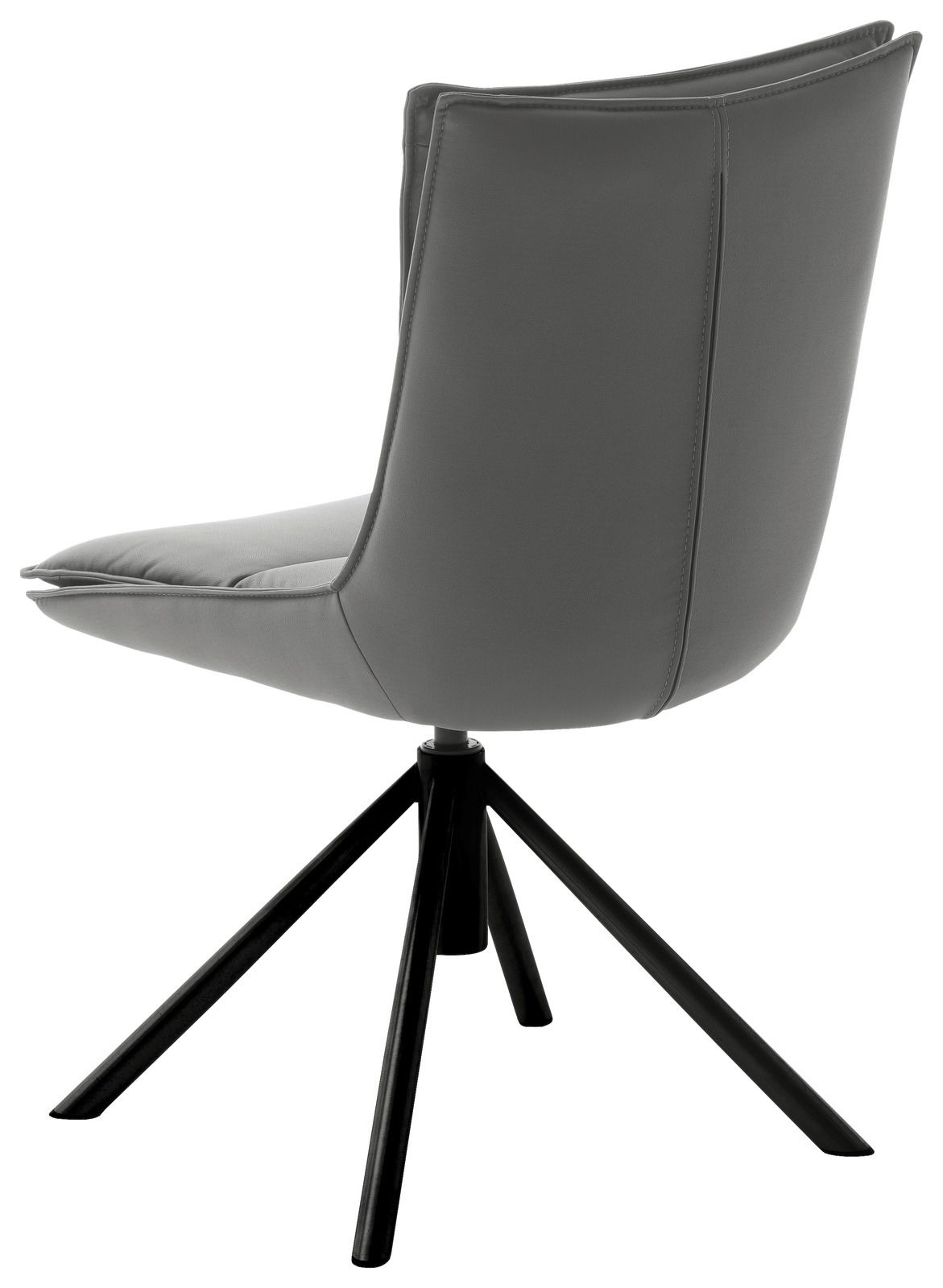 Moderner grauer Stuhl mit schwarzem Metallgestell, seitliche Rückansicht