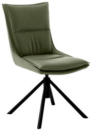 Moderner grüner Stuhl mit schwarzem Metallgestell, seitliche Perspektive