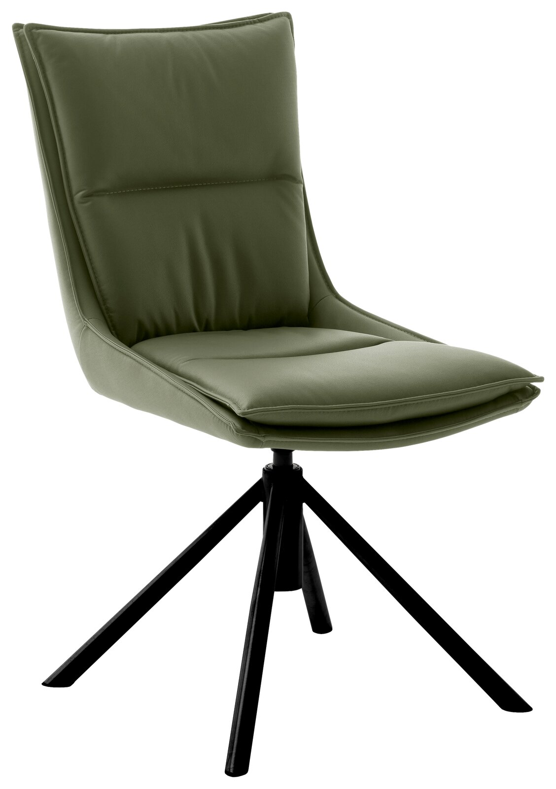 Moderner grüner Stuhl mit schwarzem Metallgestell, seitliche Perspektive