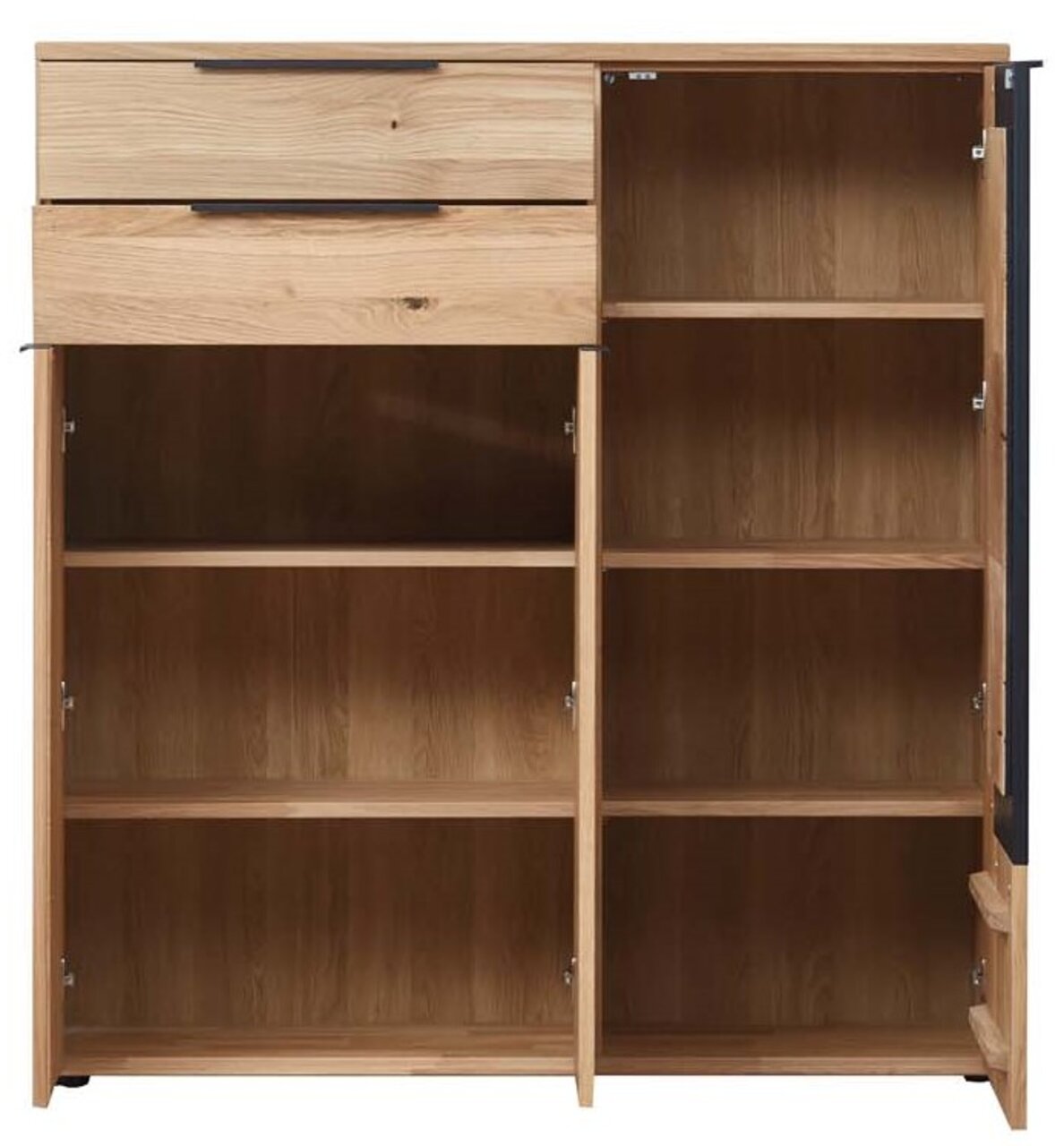 Frontale Ansicht eines Highboards aus Holz mit offenen Türen und Schubladen, die viel Stauraum bieten.