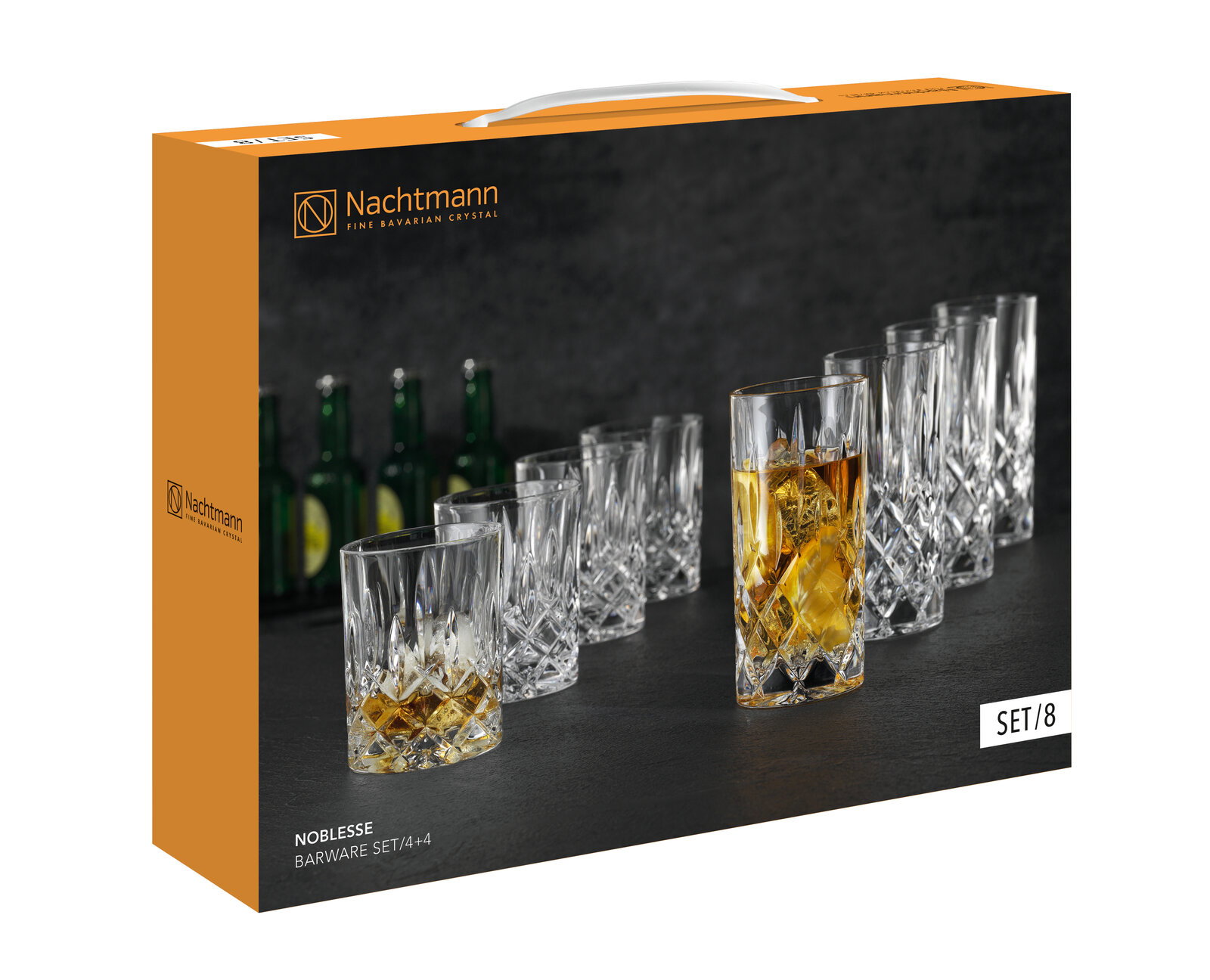 Nachtmann Noblesse Barware Kristallglas-Set (8-teilig, 4+4) in Verpackung, schräg von vorn links fotografiert, mit abgebildeten Whisky- und Longdrinkgläsern