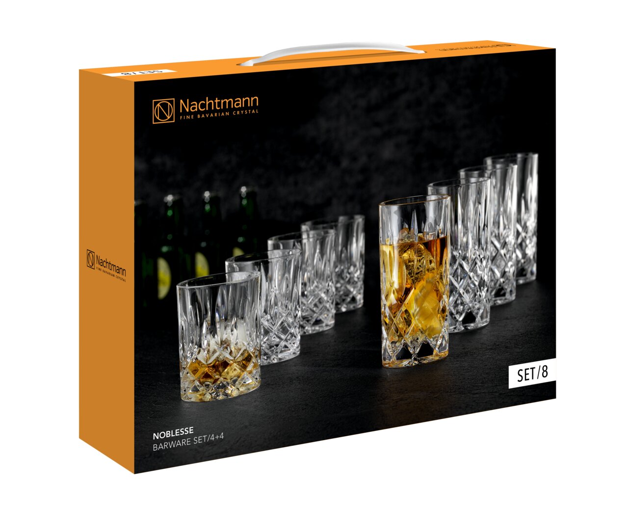 Nachtmann Noblesse Barware kristalglas-set (8-delig, 4+4) in verpakking, schuin van linksvoor gefotografeerd, met afgebeelde whisky- en longdrinkglazen