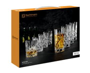 Nachtmann Noblesse Barware kristalglas-set (8-delig, 4+4) in verpakking, schuin van linksvoor gefotografeerd, met afgebeelde whisky- en longdrinkglazen