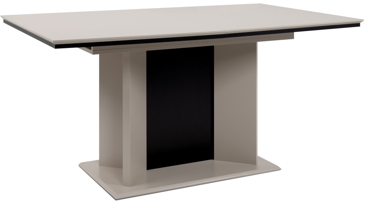 Moderne eettafel met rechthoekig tafelblad en centrale poot, zijaanzicht