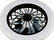 Rundes Ventilatorgitter mit transparenten Rotorblättern in schwarzem Rahmen und weißem Gehäuse, Draufsicht von oben