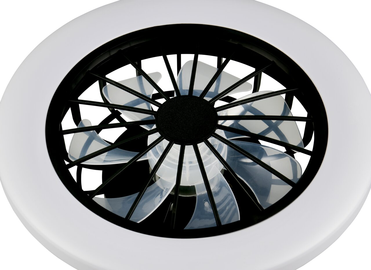 Rundes Ventilatorgitter mit transparenten Rotorblättern in schwarzem Rahmen und weißem Gehäuse, Draufsicht von oben