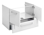 Weißer Waschtischunterschrank mit zwei geöffneten Türen und einer Schublade, Frontansicht.