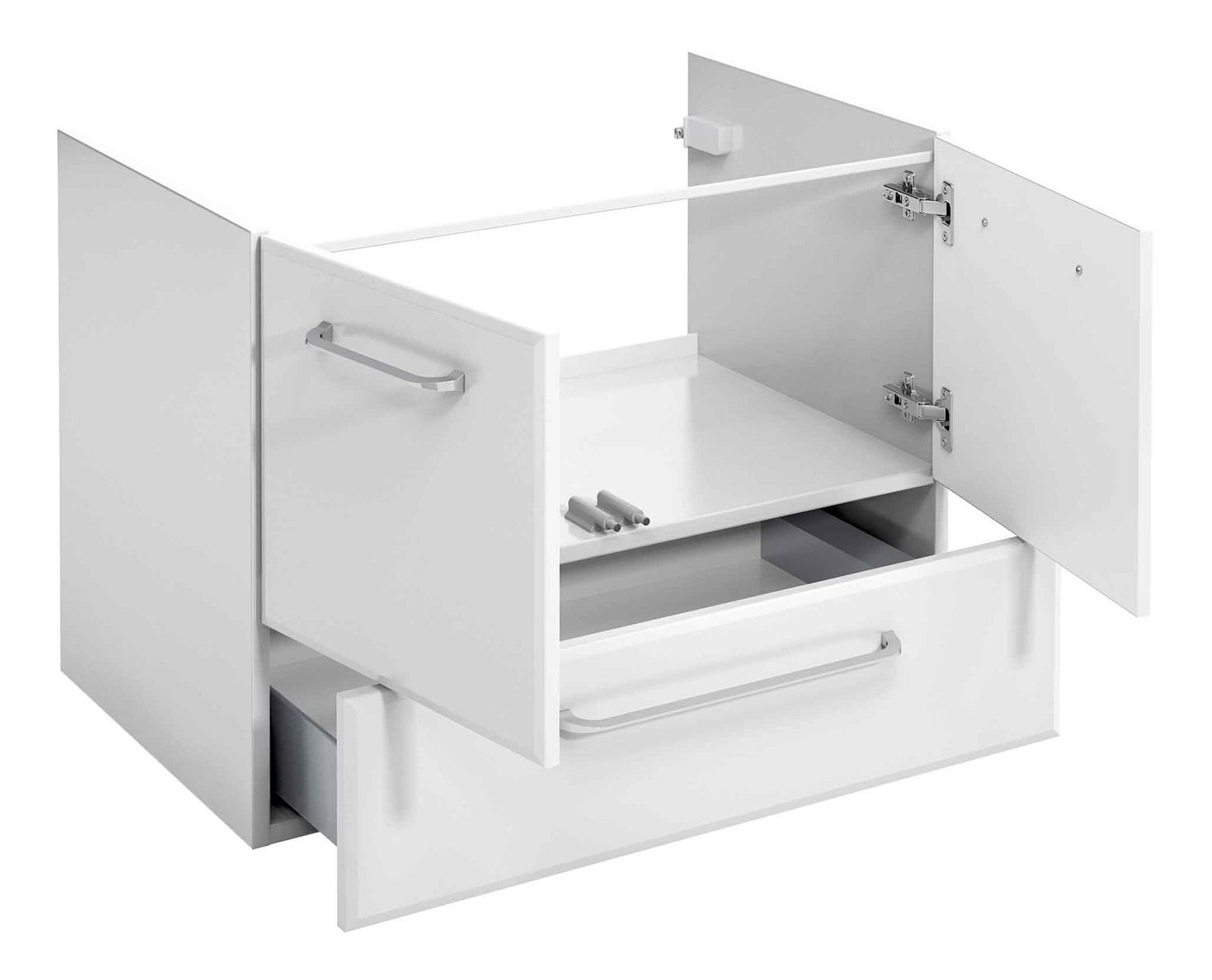 Weißer Waschtischunterschrank mit zwei geöffneten Türen und einer Schublade, Frontansicht.