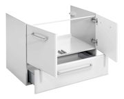 Weißer Waschtischunterschrank mit zwei geöffneten Türen und einer Schublade, Frontansicht.