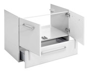 Weißer Waschtischunterschrank mit zwei geöffneten Türen und einer Schublade, Frontansicht.