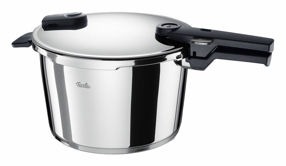 Fissler Schnellkochtopf VITAQUICK Schnellkochtopf 8,0 Liter aus Edelstahl mit schwarzem Griff, seitliche Perspektive