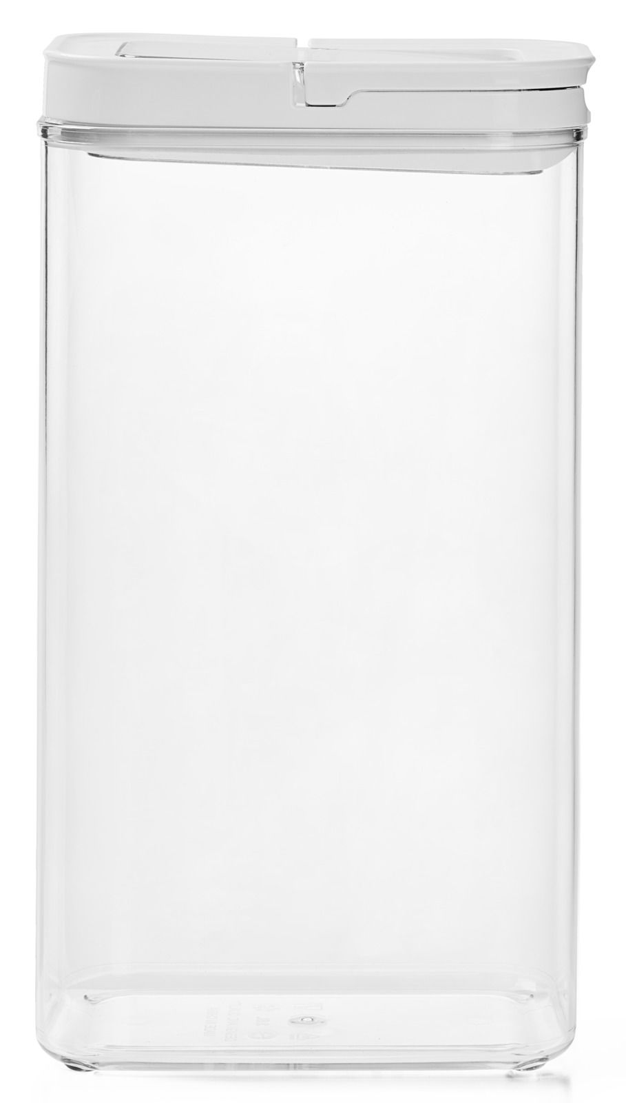 Transparente Vorratsdose mit weißem Deckel, frontal fotografiert