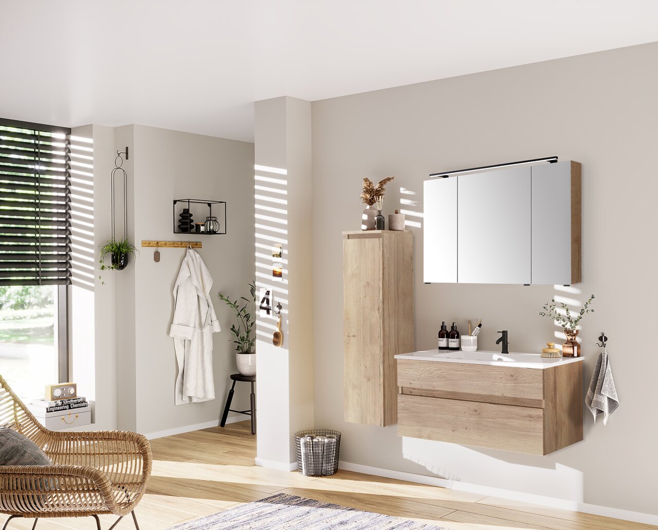 Modern badkamerblok in houtlook met wastafel en spiegelkast, zijaanzicht