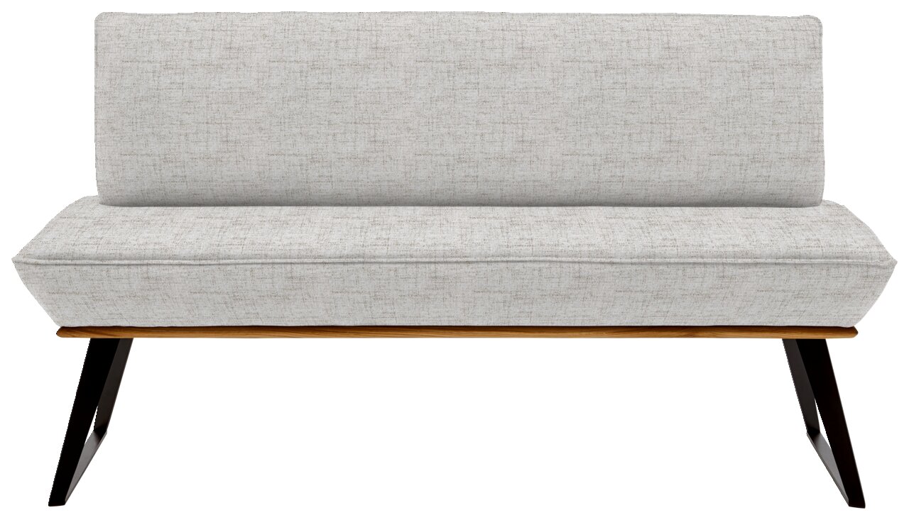 Frontansicht einer modernen Bank mit grauem Stoffbezug und schwarzen Metallbeinen.