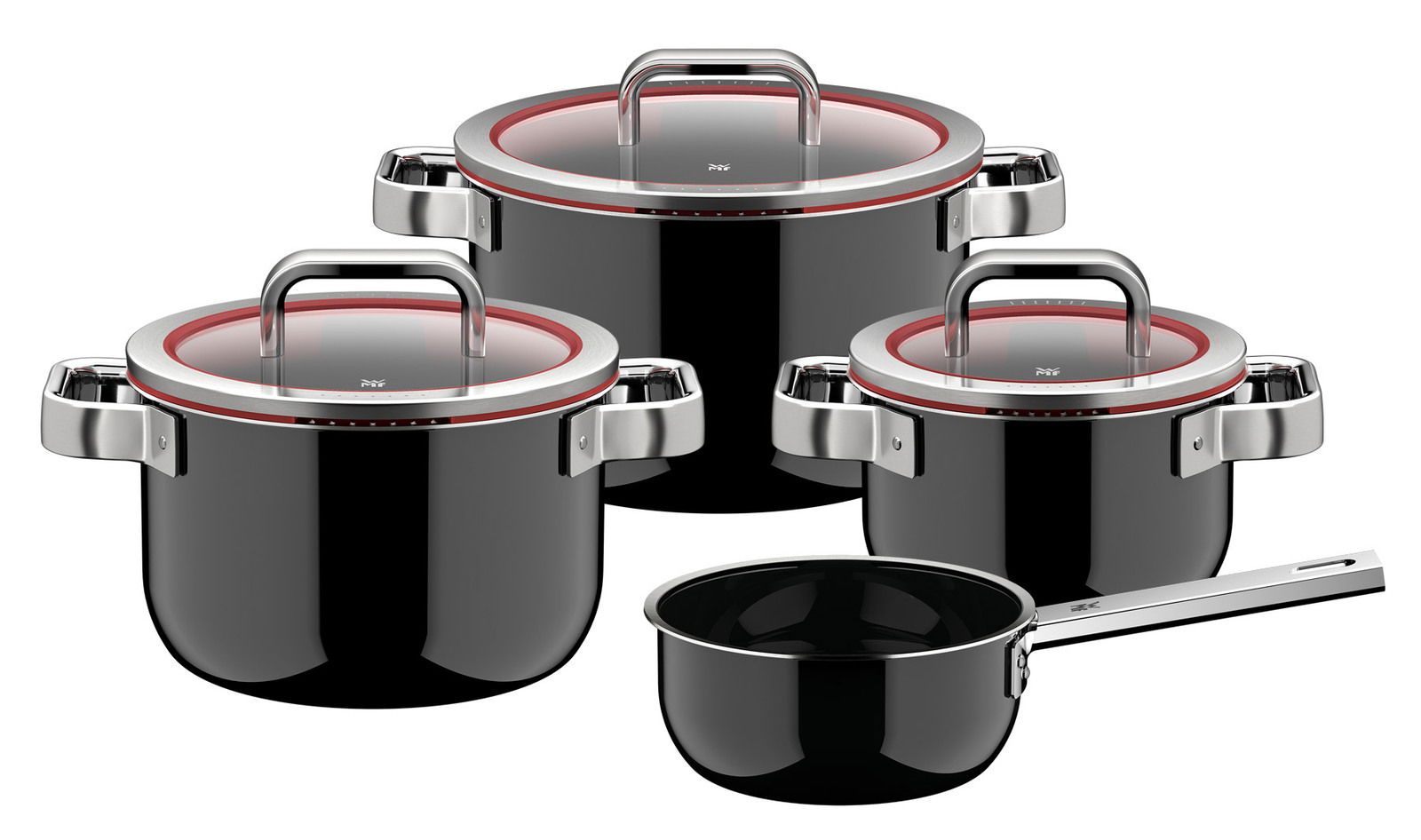 WMF Topfset 4-tlg. FUSIONTEC FUNCTION PRO Topfset 4-tlg. Black aus der Vorderansicht mit glänzenden schwarzen Töpfen und Edelstahlgriffen.