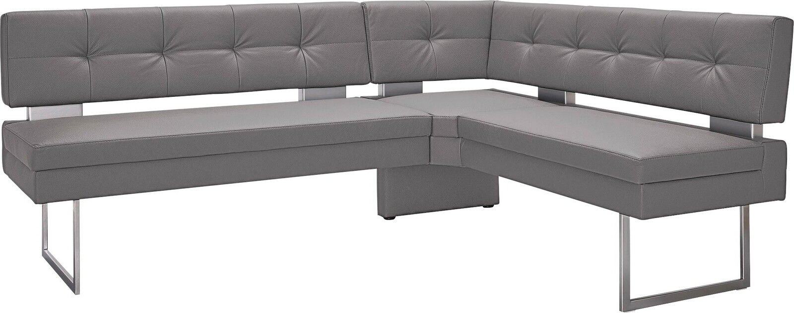 Graue Eckbank mit modernem Design und Metallbeinen, seitliche Perspektive