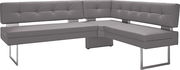 Graue Eckbank mit modernem Design und Metallbeinen, seitliche Perspektive