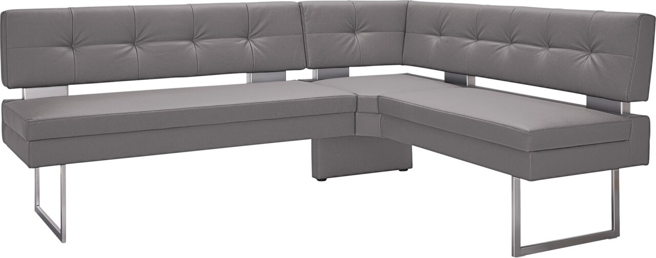 Graue Eckbank mit modernem Design und Metallbeinen, seitliche Perspektive