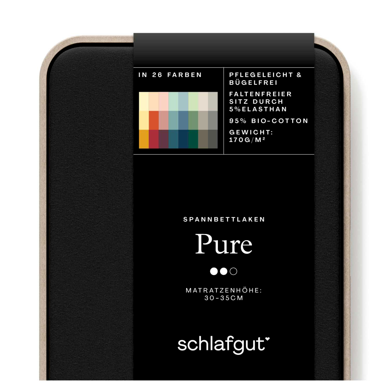 Spannbettlaken Pure in schwarzer Verpackung, geeignet für Matratzenhöhe 30-35 cm, aus 95% Bio-Baumwolle und 5% Elasthan, pflegeleicht und bügelfrei, in 26 Farben erhältlich, Vorderansicht