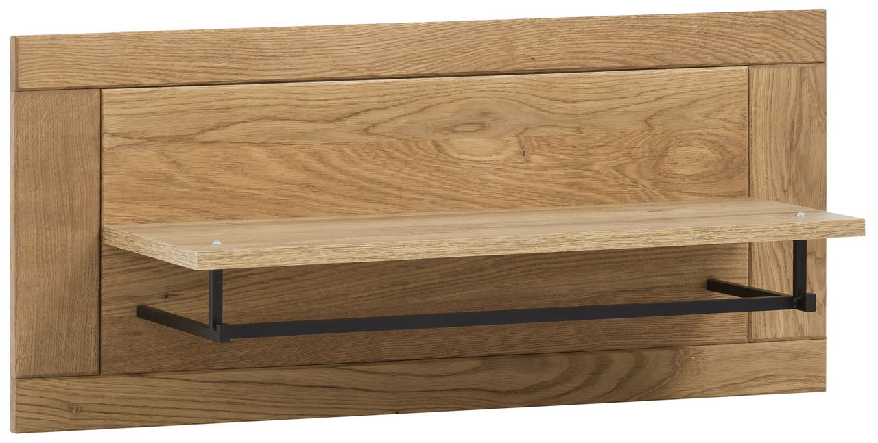 Linea Natura Garderobenpaneel klein GRETA Garderobenpaneel aus Holz mit Ablage und schwarzer Metallstange, seitliche Perspektive