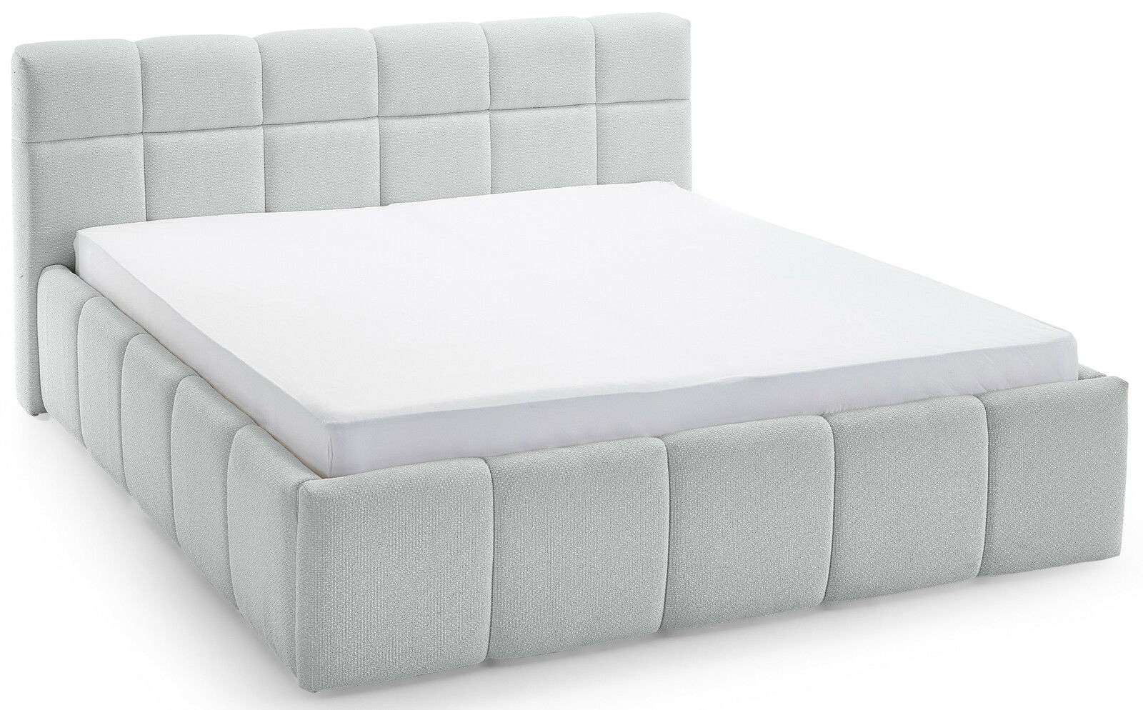 Polsterbett in hellem Stoffbezug, seitliche Perspektive