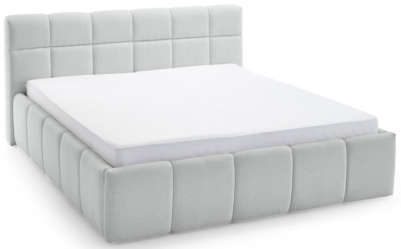 Polsterbett in hellem Stoffbezug, seitliche Perspektive