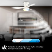 Weißer Deckenventilator mit integrierter LED-Leuchte in modernem Wohnraum, von unten in leichter Untersicht aufgenommen; Hinweis auf 3-stufig einstellbare Ventilatorgeschwindigkeit