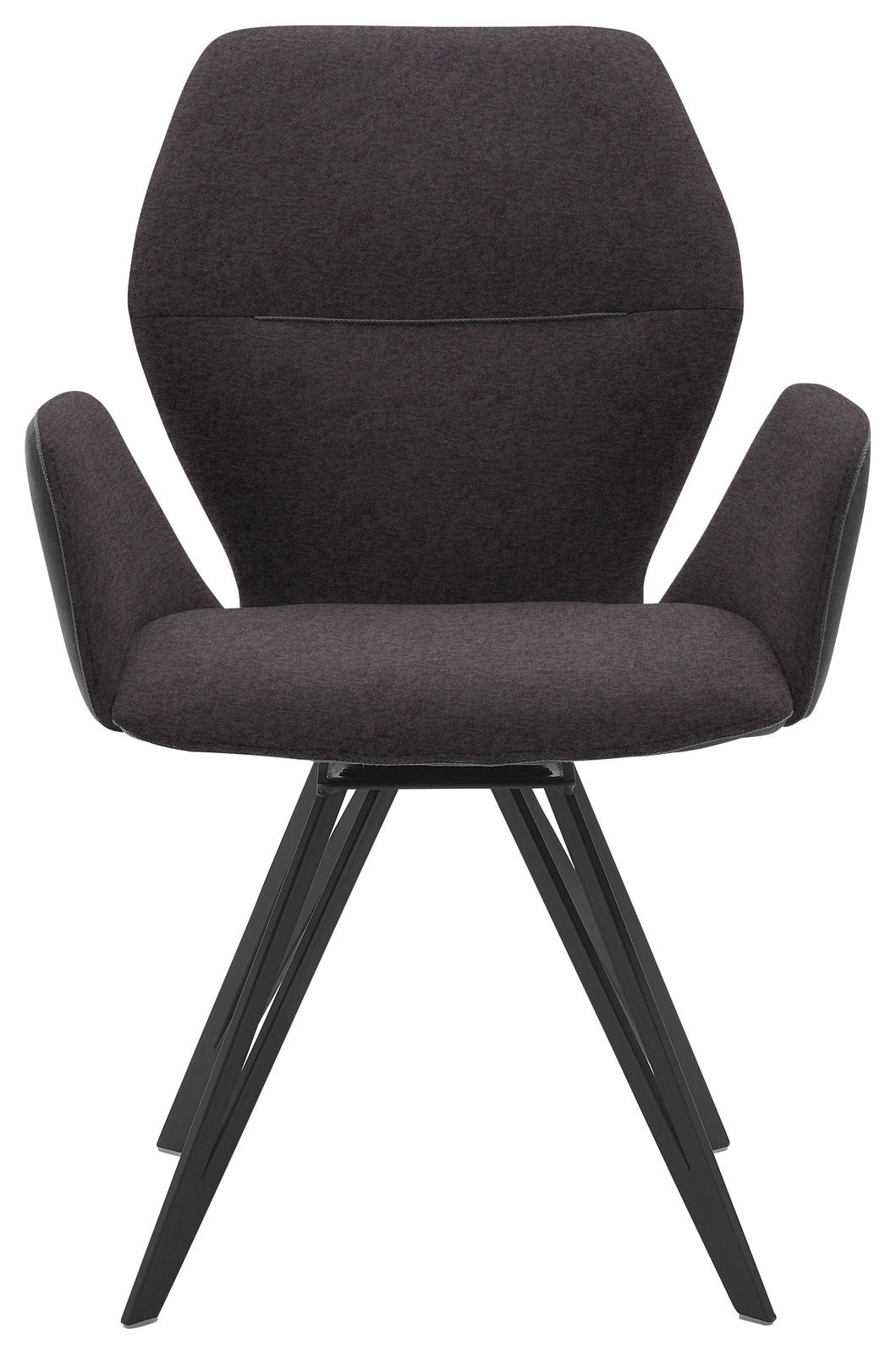 Vorderansicht eines modernen Armlehnenstuhls mit schwarzem Stoffbezug und Metallbeinen.