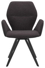 Vorderansicht eines modernen Armlehnenstuhls mit schwarzem Stoffbezug und Metallbeinen.