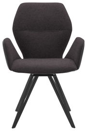 Vorderansicht eines modernen Armlehnenstuhls mit schwarzem Stoffbezug und Metallbeinen.