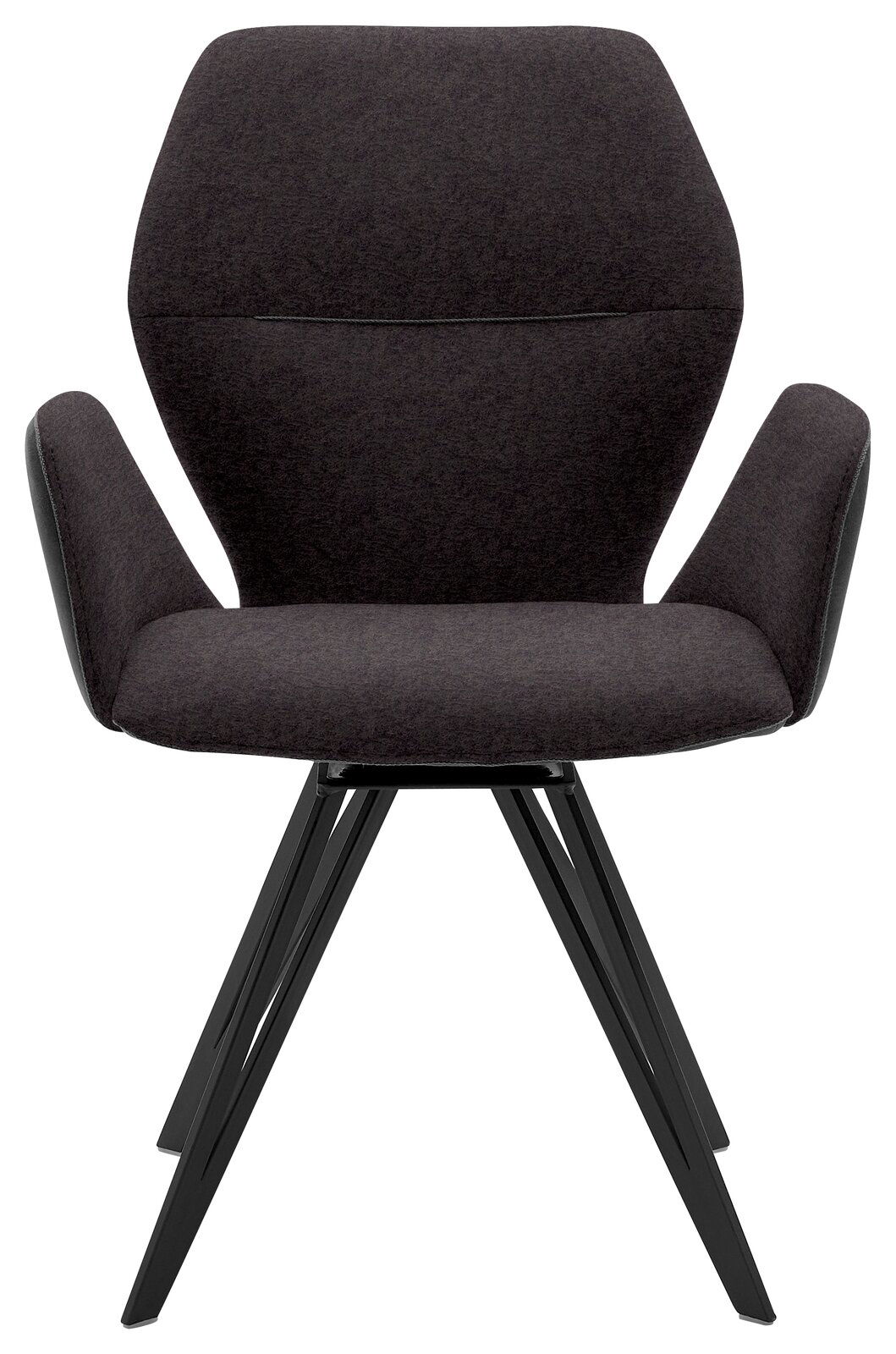 Vorderansicht eines modernen Armlehnenstuhls mit schwarzem Stoffbezug und Metallbeinen.