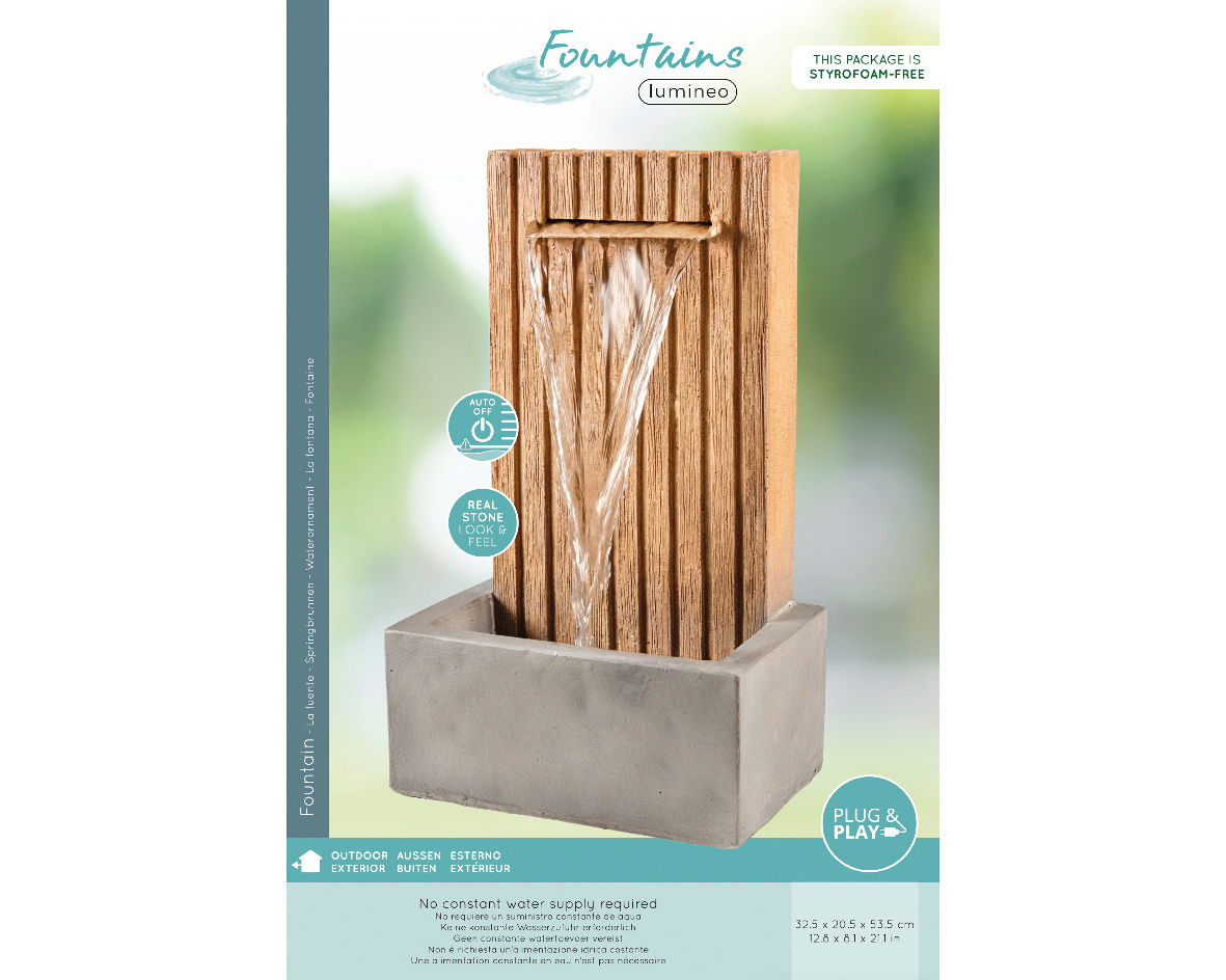 Moderner Outdoor-Brunnen aus GRC mit realistischem Stein-Look, frontal abgebildet, ideal für den Außenbereich.