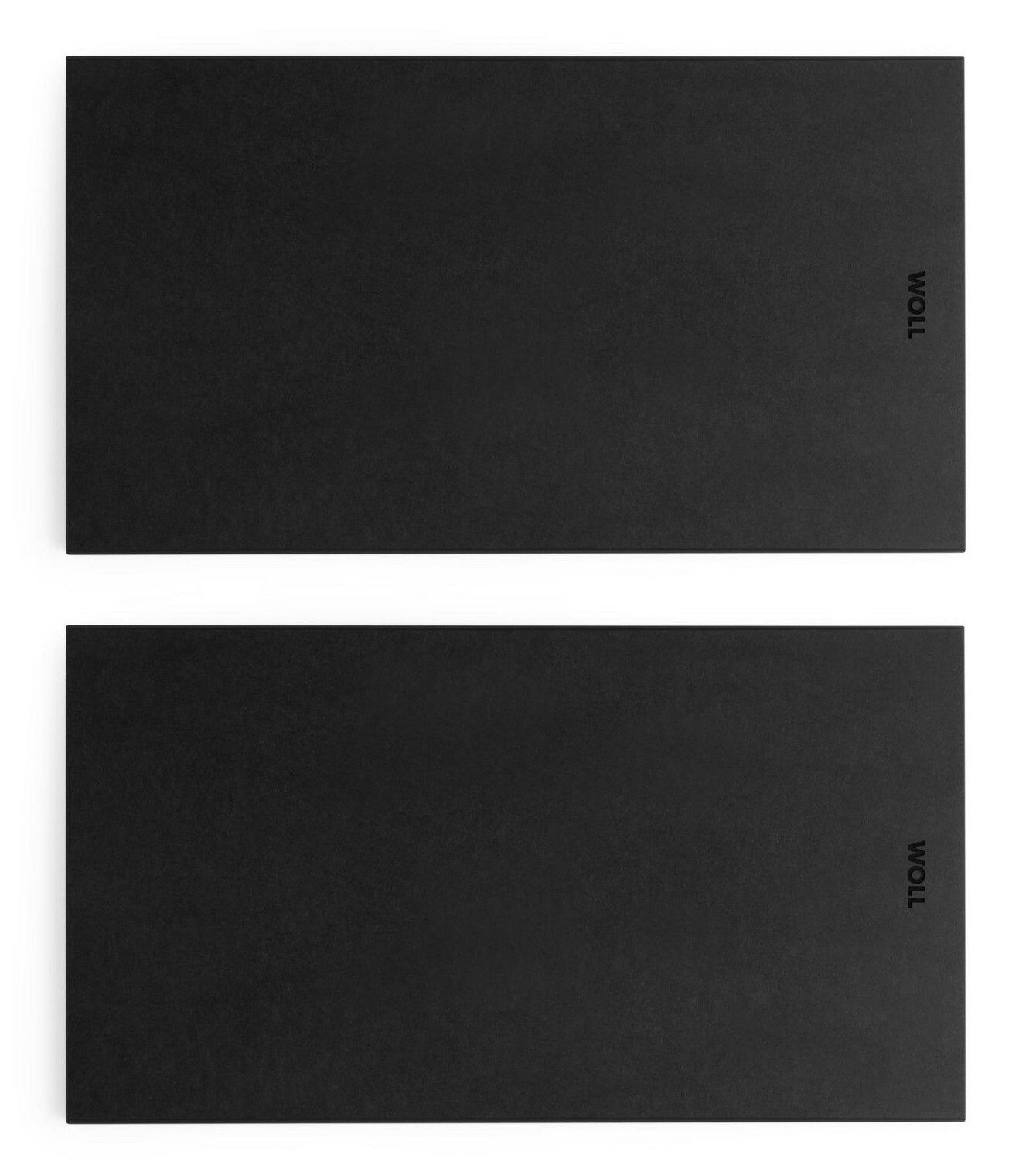 Zweiteiliges schwarzes Frühstücksset aus der Vogelperspektive, rechteckig mit minimalistischem Design.