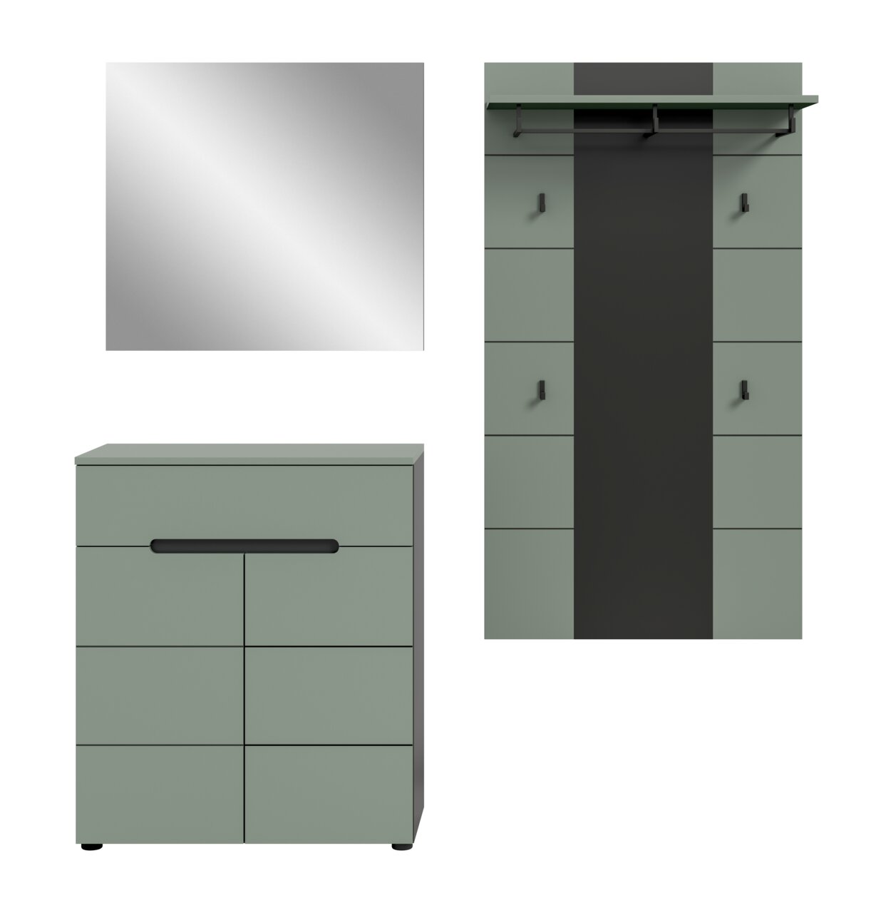 Modernes Garderoben-Set in Salbeigrün mit schwarzer Akzentfläche, bestehend aus Spiegel, Schuhschrank und Garderobenpaneel mit Ablage und Haken; frontale Ansicht.