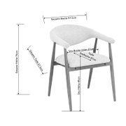 Polsterstuhl mit hellgrauem Stoffbezug und grauem Holzgestell, Maßeinblendungen (Gesamtbreite 57,5 cm, Gesamttiefe 57,5 cm, Gesamthöhe 76 cm, Sitzhöhe 49 cm, Sitzfläche 47 cm), Perspektive: schräg von vorne rechts