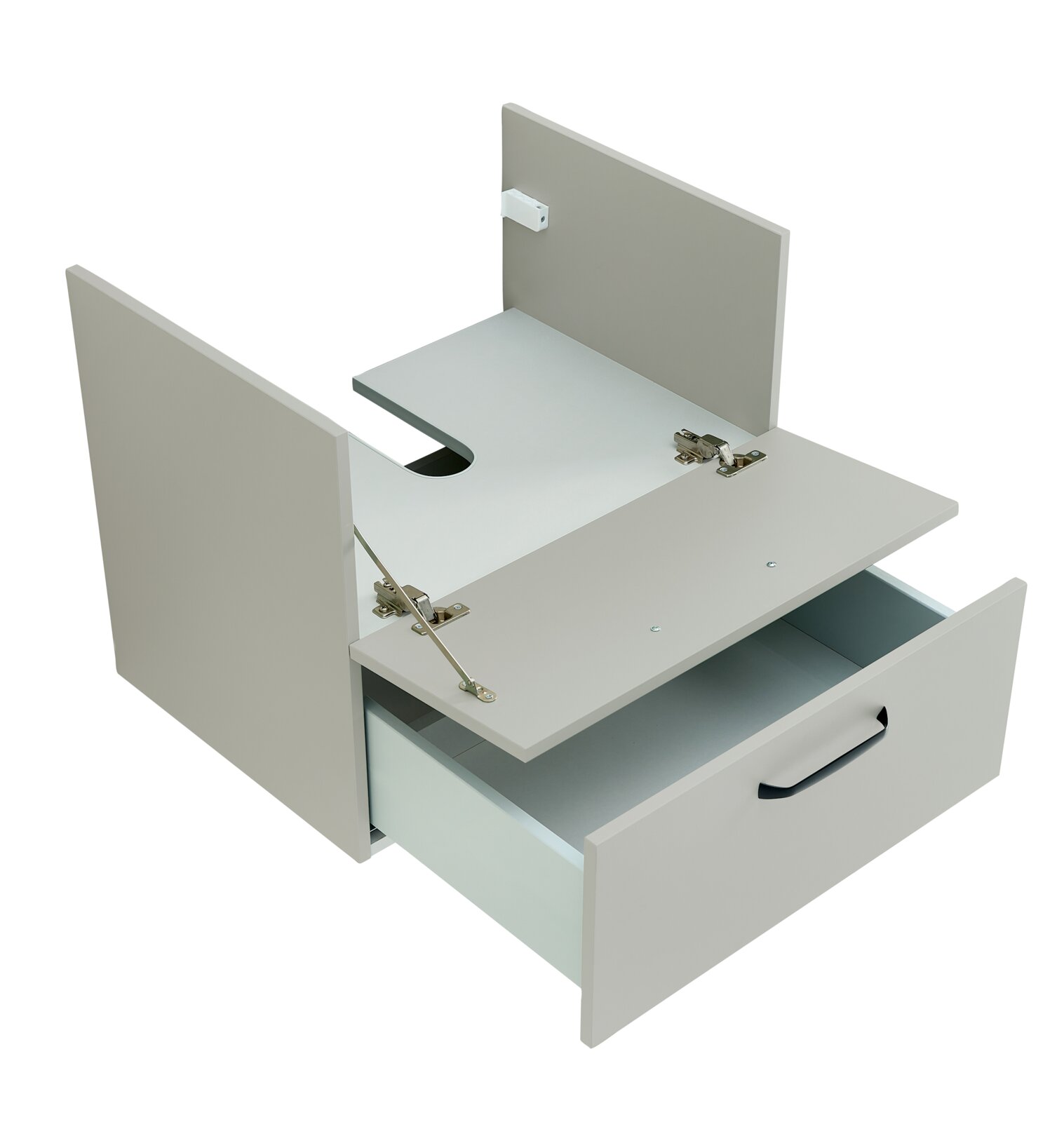 Weißer Klappschrank-/Wandklapptisch-Mechanismus mit seitlichen Stützplatten, aufgeklappter Arbeitsfläche und ausgezogener Schublade mit schwarzem Griff, Draufsicht in schräger Perspektive von vorne links