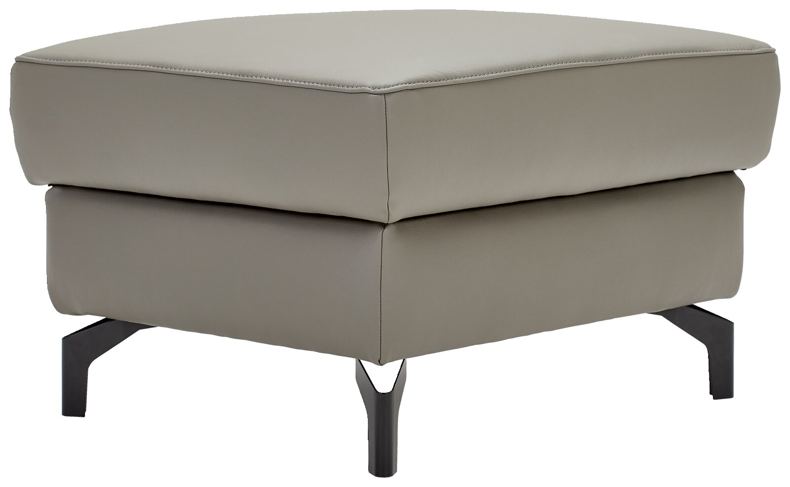 Beiger Hocker mit Stauraum, seitliche Perspektive, auf schwarzen Metallfüßen