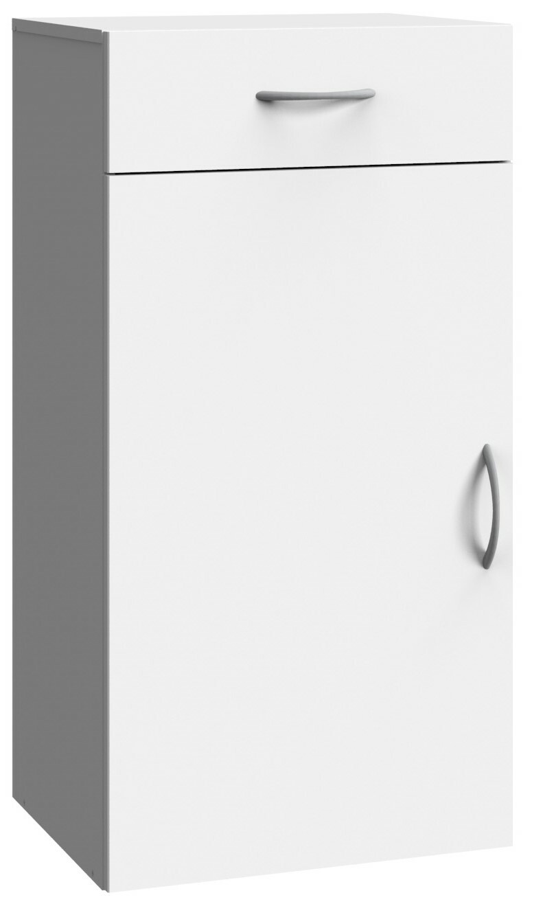 Weiße Kommode mit einer Schublade und einer Tür, seitliche Perspektive